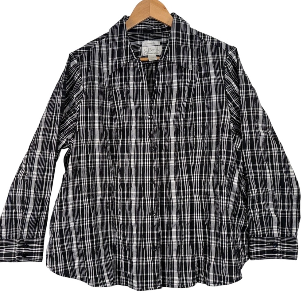 CJ Banks Plus Size Plaid Button Down Shirt 1X Long Sleeve Stretch Top